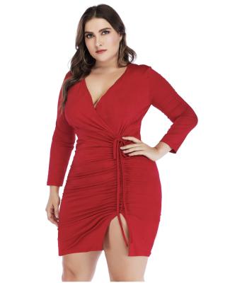 China OEM Fat MM V Collar Long Sleeve Wrinkle Light Breathable Plus Size Slim Sheath Slit Red Dress for sale