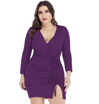 China OEM Fat Mm V Collar Long Sleeve Light Wrinkle Breathable Plus Size Slim Sheath Slit Purple Dress for sale