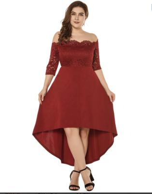 China Sleek OEM Asymmetrical Big Size Off The Shoulder Dip Edge Lace Up 3/4 Length Sleeves Women Party Plus Size Red Dress for sale