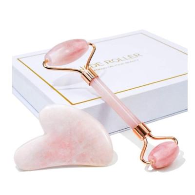 China Hot Sale High Quality Natural Facial Crystal Quartz Massager Roller Jade Face Lift Jade Stone Roller Pink With Box for sale