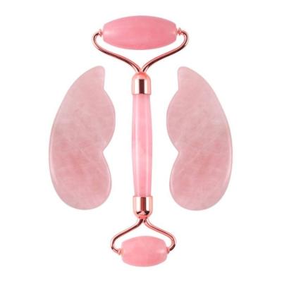 China Jade Roller Set Rose Quartz Jade Roller For Face Natural Pink 3 in 1 Dual Diet Massager Jade Roller Gua Sha Body Set Set for sale