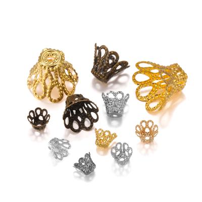 China Flower Gold Petal Bead Covers Vintage 100pcs Metal Cup Cavity Flower Filigree Spacer Bead DIY Pendant Charm Connectors Settings Jewelry Findings for sale