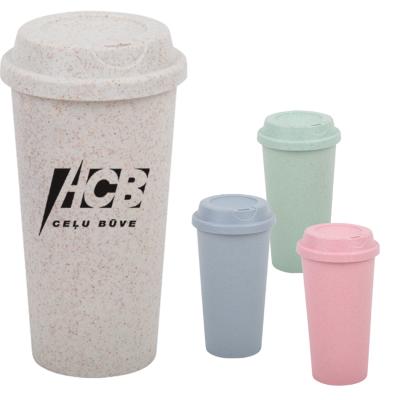 China DOUBLE WALL wheat firbe eco-friendly plastic straw double wall reusable coffee cups with lids YC448B for sale