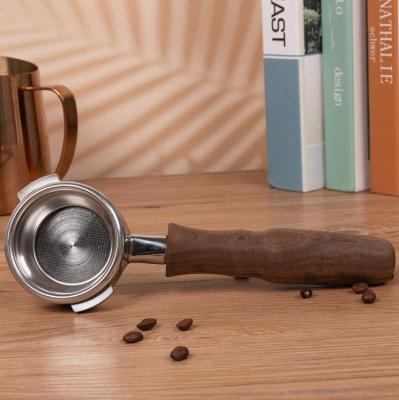 China Sustainable Bartender Accessories Walnut Wood Handle Stainless Steel 2 Ears 58mm Bottomless Coffee Portafilter for sale