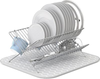 China Viable Single Household Items Foldable Silver Drying Rack With Dish Mat for sale