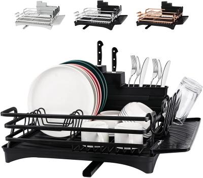 China Durable Aluminum Rustproof Black Dish Drying Rack And Drain Board Set With Cutlery Rack Cup Holder For Kitchen Counter for sale