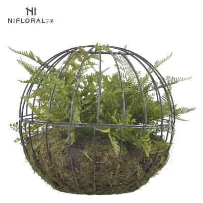 China Art Decor Artificial Fern Leave Home Decoration Hanging Fern in a Cage with Real Moss for sale