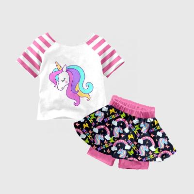 China Girl Summer Casual Outfits For Kids Unicorn Pattern Girls Costumes Stripe O-Neck for sale