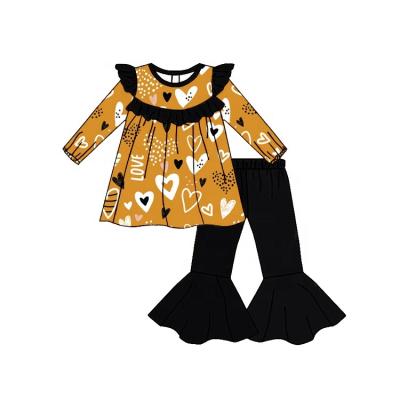 China Casual Toddler Pleated Outfits Valentine's Day Pattern Costume Bell Bottom Girls Sets for sale