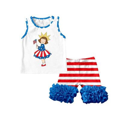 China Girls Casual Kids Outfits 4th Of July Fabric Summer Toddler Ruffle Sleeveless Clothes for sale