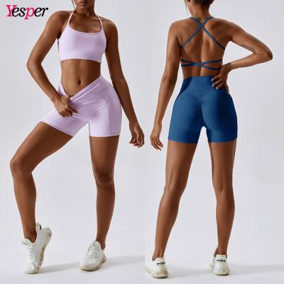 China Breathable 2 Piece Yoga Fitness Bra Shorts Gym Clothes Logo Suit Women Gym Yoga Custom Quick Dry Set With Pockets for sale