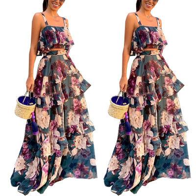 China 2021 Fashions Wholesale Breathable 2 Piece Sleeveless Crop Top And Ruffle Cake Maxi Skirt Sets Layered Floral Women Dress for sale