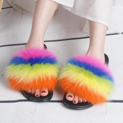 China Fashion Trend Designer Custom Lady Shoes Lambskin Slides For Women Animal Fox Fur Slippers for sale