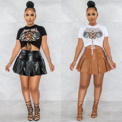 China 2022 Summer Streetwear Casual Stylish Sexy Casual Hollow Out Crop Tops PU Leather Pleated Skirt Women Skirt Two Piece Set for sale