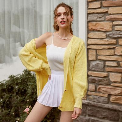 China Wholesale 2021 Breathable Autumn Plain V-Neckline Loose Knit Cotton Size Women Casaco Cardigan Sweater Straight Casual Coat One Size for sale