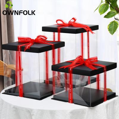 China OWNFOLK Disposable Wholesale Cake Plastic Box PET Birthday Packaging Clear Transparent Custom Luxury Cake Boxes With Window for sale