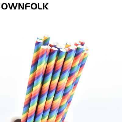 China OWNFOLK Biodegradable Paper Straw Home Party Supplies Christmas 25pcs/pack Disposable Rainbow Stripe Drinking Straws for sale