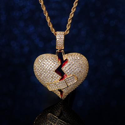 China Environmental Friendly 18K Gold Plated Love Pendant Charm Broken Heart Cubic Zirconia Hip Hop Jewelry Making for sale