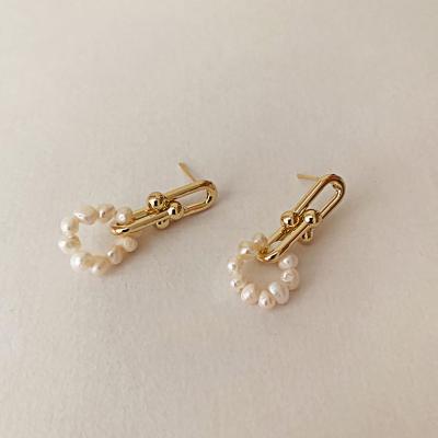 China High Quality Triple Link Pearl Geometric Earrings Gold Brass Drop Earrings Long Dangle Drop Earrings For Women for sale