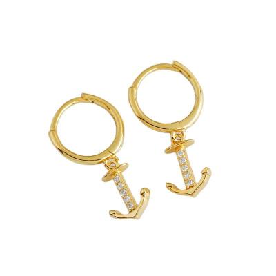 China High Quality Sterling Silver Dainty Drop Earrings Tiny Dangle Small Circle CZ Diamond Pave Gold Anchor Earrings from Huggie for sale