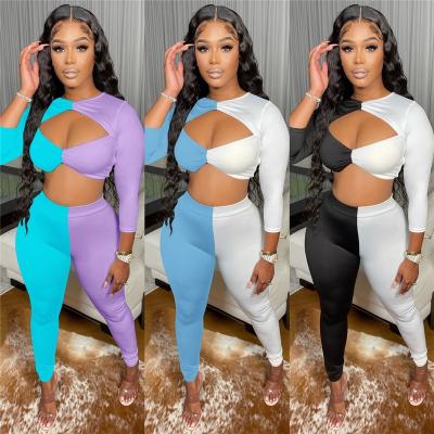 China Breathable Women Fall Clothing Fashion Sexy Two Piece Set Women Long Sleeve Short Sets 2 Pieces Joggers Ribbed Biker Outfits Set for sale