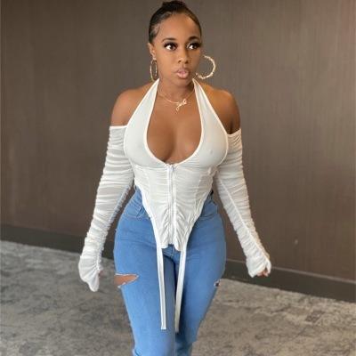 China 2022 New Breathable Autumn Deep V-Neck Front Zipper Pleated Cropped Low Cut Sexy White Women Blouse Tops for sale