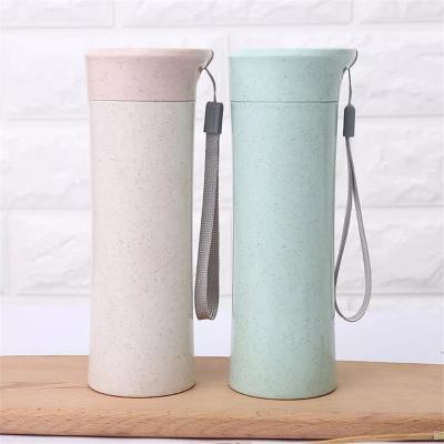 China Viable Custom Logo Wheat Straw Plastic Sports Water Bottle With Silicone String Travel Mug Coffee Tumbler Tea Cup for sale