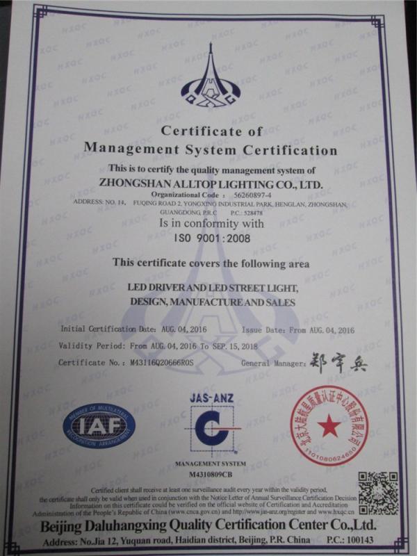 ISO9001 - Zhongshan ALLTOP Lighting Co., Ltd.