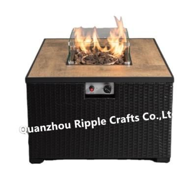 China Outdoor Heater 31 Inch Square Ceramic Rattan-Look Gas Fire Pit Outdoor Table With Windshield Cover for sale