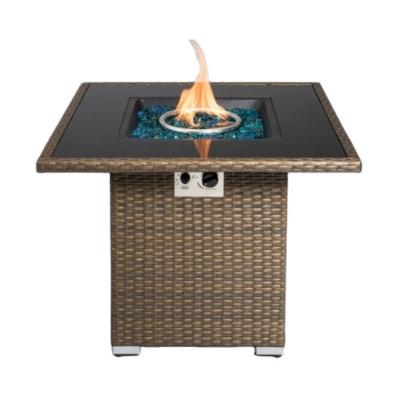 China RS-R32003 Stocked 32 Inch Square Rattan-Look Propane Stove Gas Fire Pit Glass Office Outdoor Table With 50000 Btu And Cover for sale