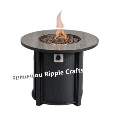 China Outdoor Heater 30 Inch Round Tile Outdoor Rattan-Look Outdoor 40000 Btu Gas Furnace Fire Pit Table With Windshield Cover for sale