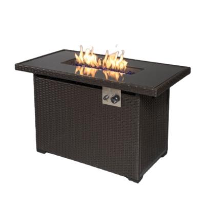 China Rectangular Rattan-Look Outdoor Heater Pure Iron Striped Desk 50000 Btu Outdoor Patio Gas Fire Pit Table With Windshield Cover for sale