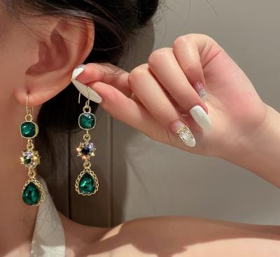 China South Korea CLASSIC Long Diamond Set Green Hook Earrings Water Drop Flower Zircon Vintage Earrings for sale