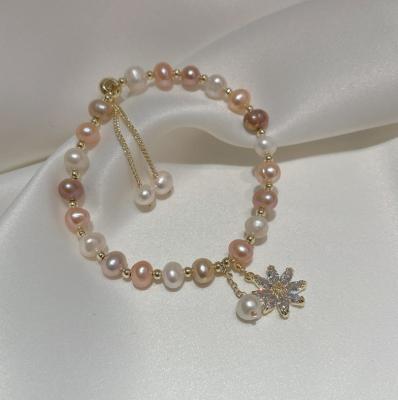 China Casual/sporty pure gold plated fashion personality Korean freshwater pearl bracelet with floral zircon bracelet for sale