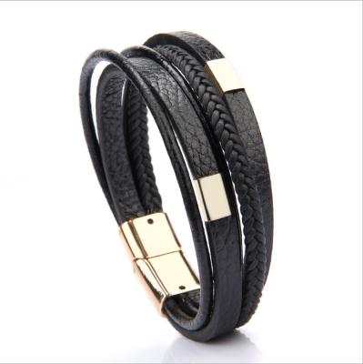 China Handwoven Leather Bracelet PU Alloy Rope Hiphop Magnetic Leather Cowhide Bracelet Jewelry Buckle For Men for sale