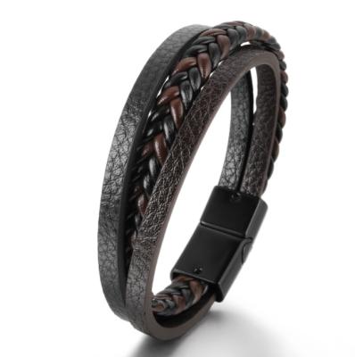 China 2021 New European and American Black Mixed Color PU Alloy Handwoven Men's Casual/Sports Leather Bracelets Wristband for sale