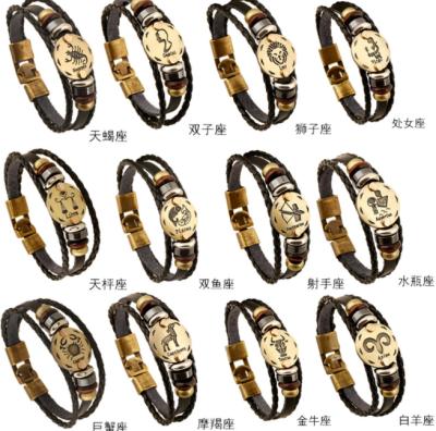 China 12 zodiac casual/sports cow leather bracelet contracted lovers retro multi-layer weave leather bracelet for sale