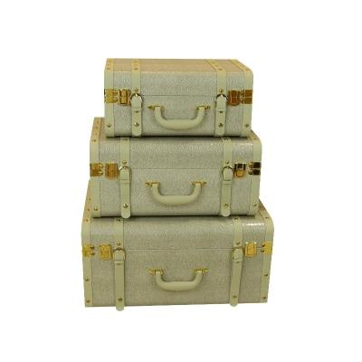 China Home Decoration and Storage Beige Color Suitcase Leather Wooden Trunk Case Manufacturer for Home and Office Decoration Storage for sale