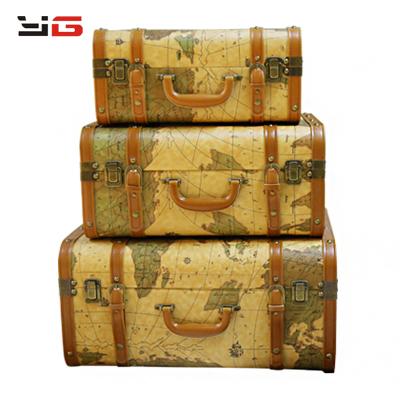 China Home Storage & Decoration Old Trunk World Map Yellow Vintage Leather Suitcase For Prototype Room Bedroom Decoration for sale