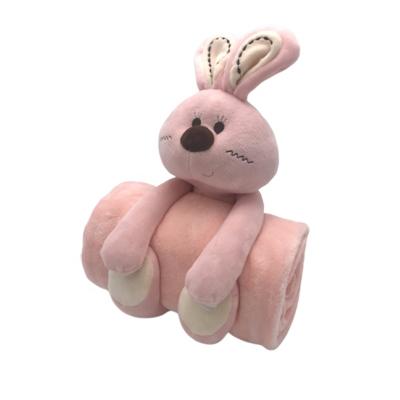 China Portable Custom Style 25cm Pink Fluffy Rabbit Stuffed Baby Plush Rabbit Wild Animal Soft Toy Holding Flannel Blanket for sale