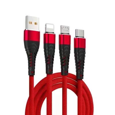 China MP3/MP4 Player Kurras Nylon Braided 1.2m One Pull Three Fast Charging Data Cable For Type-C Apple Android 5a Fast Charging for sale