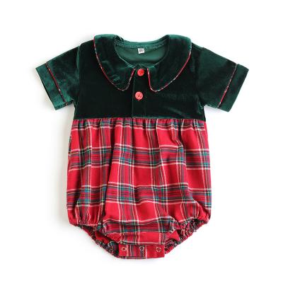 China 2022 New Arrival Boutique Baby Christmas Sweet Jumpsuit Quilted Green Velvet Plaid Flannel Rompers for sale