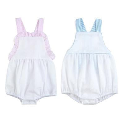 China White Cotton Monogram Seersucker Babies Ruffled Bubble Rompers Summer Matching One Piece Jumpsuit for sale