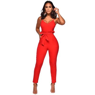 China Wholesale Free Shipping YQ997 Womens Spaghetti Strap Overalls V Neck Comfy Slim Romper Anti-Static With Belt for sale