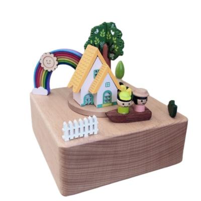 China Handmade Wooden Rainbow Bridge Music Box Boat Man House Wooden Ornaments for sale