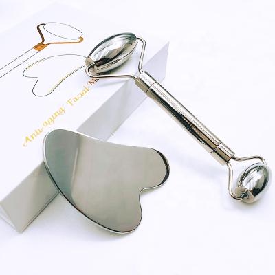 China Private Label Body Lift Massage Silver 306 Stainless Steel Gua Sha Anti Aging Metal Face Roller for sale