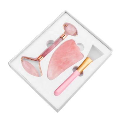 China Custom Label Face Lift 3 in 1 Beauty Jade Neck Facial Massage Face Lift Rose Quartz Face Gemstone Roller for sale