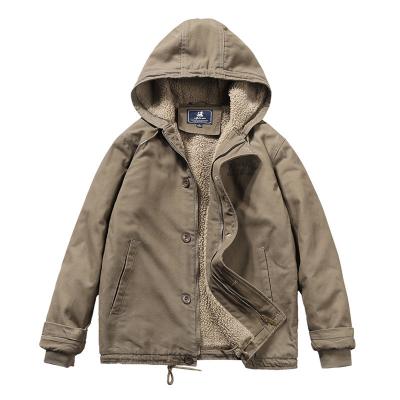 China Good Quality Frontier Breathable Direct Exported Men's Hooded Jacket Cotton-padded Washed Plus Fleece Tooling Cotton-padded Jacket Lamb for sale