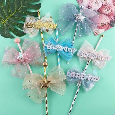 China New Lightweight Happy Birthday Cake Toppers For Birthday Party Supplies Cute Pink Blue Birthday Cupcake Toppers Bow Cake Toppers Props for sale