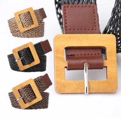 China Weave Belt Wooden Buckle Vintage Braided Fashion Korean Dress Belt Women's Belt Decorative Style Belts for sale